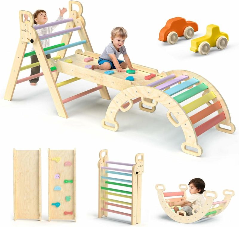 Arrampicate Indoor e Strutture di Gioco | Set di Triangolo Pikler 7In1 Pieghevole Attrezzature per Scalare Bambino di Legno Set Montessori per Scalare con Arcata&Pendolo&Scala Scalatore Parco Giochi Indoor per Bambini Piccoli Giochi Montessori – Arcobaleno