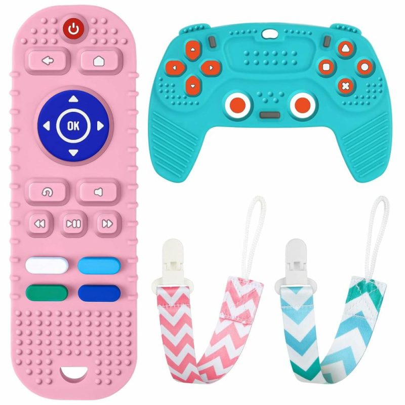 Dentifrici | 2Pcs Silicone Baby Teething Toys, Telecontrollo Forma Giocattolo da Masticare e Giocattolo da Masticare Controllore del Gioco, Clip da Sonno 2Pcs, Silicone Senza BPA Telecontrollo da Masticare per Bambini 3+ Mesi, Frozen (Blu e Rosa)