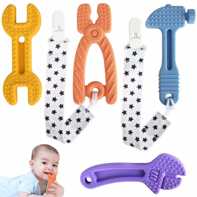 Dentifrici | 4 Pack Soft Silicone Teething Toys For Toddlers Infant Hammer Spanner Wrench Pliers Tools Shape Baby Teethers Relief Soothe Babies Gums Set (Hammer Set)