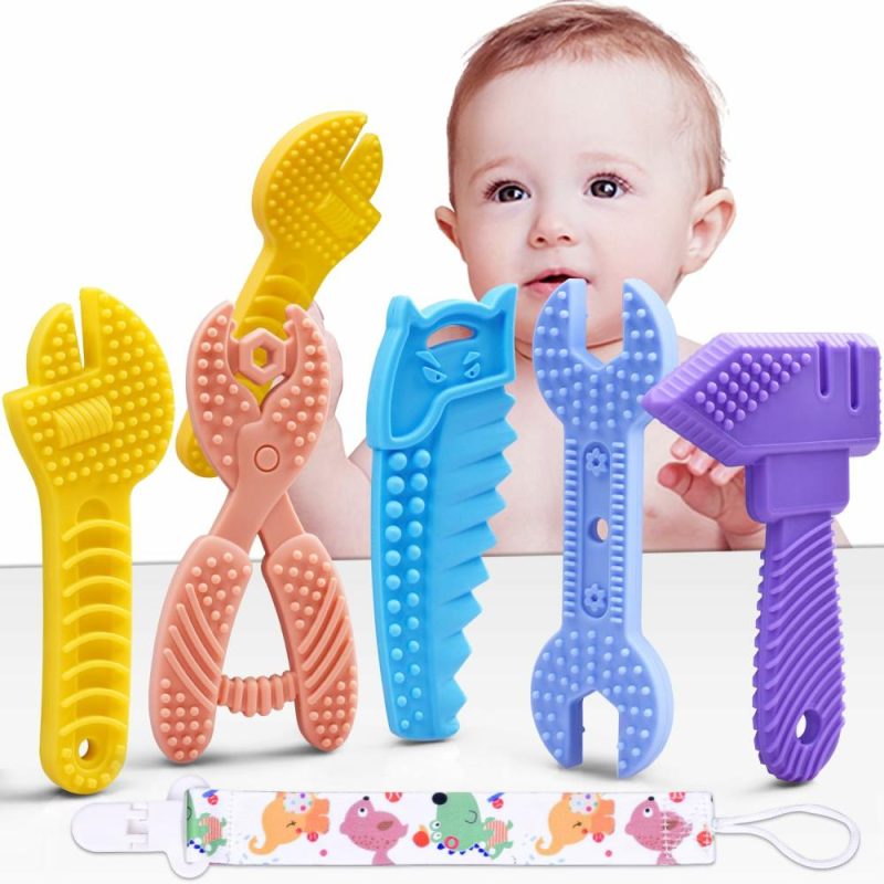 Dentifrici | Baby Teething Toys 0-6 Mesi 6-12 Mesi – Set di Masticatori per Denti da Latte Senza BPA Silicone Morbido – Forme di Martello, Chiavi e Scissors – Regalo di Nascita 5-Pack