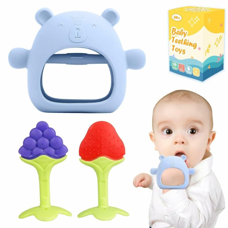 Dentifrici | Baby Teething Toys 3 Pcs Set Dentiera 0-6 3-6 Mesi & 6-12 Mesi Accessori per Bambini Giocattoli per Bambini Set Dentiera Silicone Alimentare Forma di Orso Set Dentiera Forma di Frutta