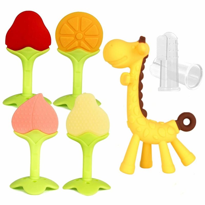 Dentifrici | Baby Teething Toys (7 Pack) Senza Bpa Per Neonati Bambini In Età Pre-Scolare Silicone Frutta Giraffa Distensori Denti Spazzolino Dito Fragola Arancia Mela Per Ammorbidire le Gengive Set Con Custodia di Archiviazione