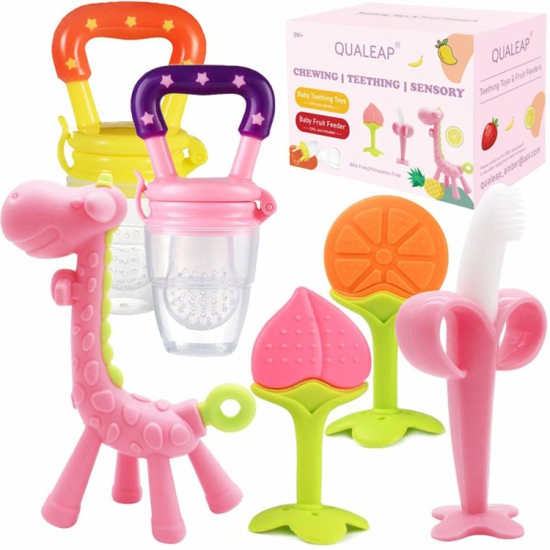 Dentifrici | Giocattoli da dentizione in piedi per bambini 0-6 mesi 6-12 mesi – Masticatori con 2 × Mangiatori di frutta per bambini e 4 × Masticatori per bambini – Senza BPA/Congelabile – Diversi tessuti morbidi per neonati e bimbi (Rosa)