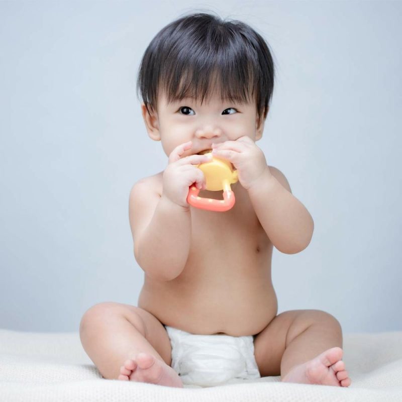 Dentifrici | Giocattoli da dentizione in piedi per bambini 0-6 mesi 6-12 mesi – Masticatori con 2 × Mangiatori di frutta per bambini e 4 × Masticatori per bambini – Senza BPA/Congelabile – Diversi tessuti morbidi per neonati e bimbi (Rosa)