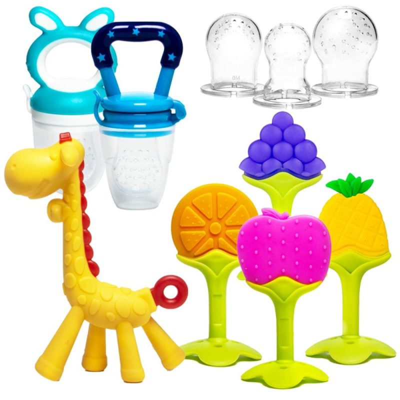 Dentifrici | Giocattoli da dentizione per Bambini 0-6 Mesi 6-12 Mesi 6 Pezzi – 4 Morsetti per Bambini 2 Mangiatoie per Neonati Bpa Free Naturale Organico Silicone Morsetti per Bambini Set