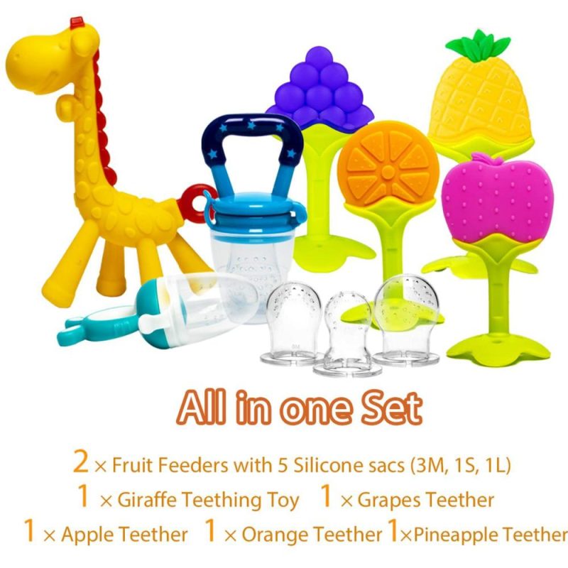 Dentifrici | Giocattoli da dentizione per Bambini 0-6 Mesi 6-12 Mesi 6 Pezzi – 4 Morsetti per Bambini 2 Mangiatoie per Neonati Bpa Free Naturale Organico Silicone Morsetti per Bambini Set