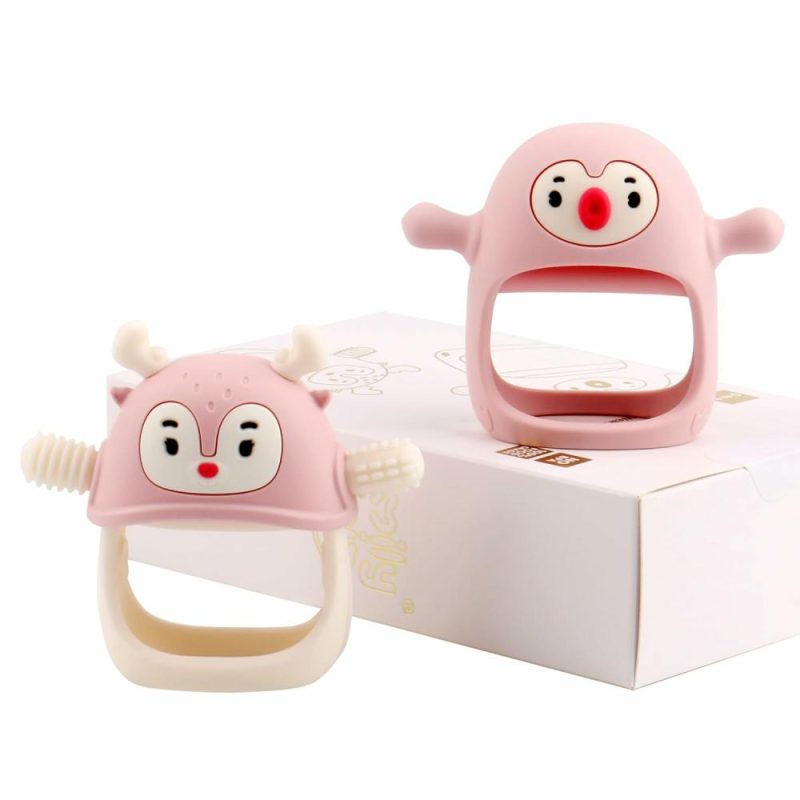 Dentifrici | Gioco da Masticare Bambino | Penguin Masticatore per 0-6 Mesi | Gioco da Masticare Cervide per 3M+ | Masticatore in Silicone Morbido per Mano | Guantino da Masticare per Alleviare il Dolore da Svezzamento | Scatola Regalo di Accessori per Bambini | Rosa Chiaro