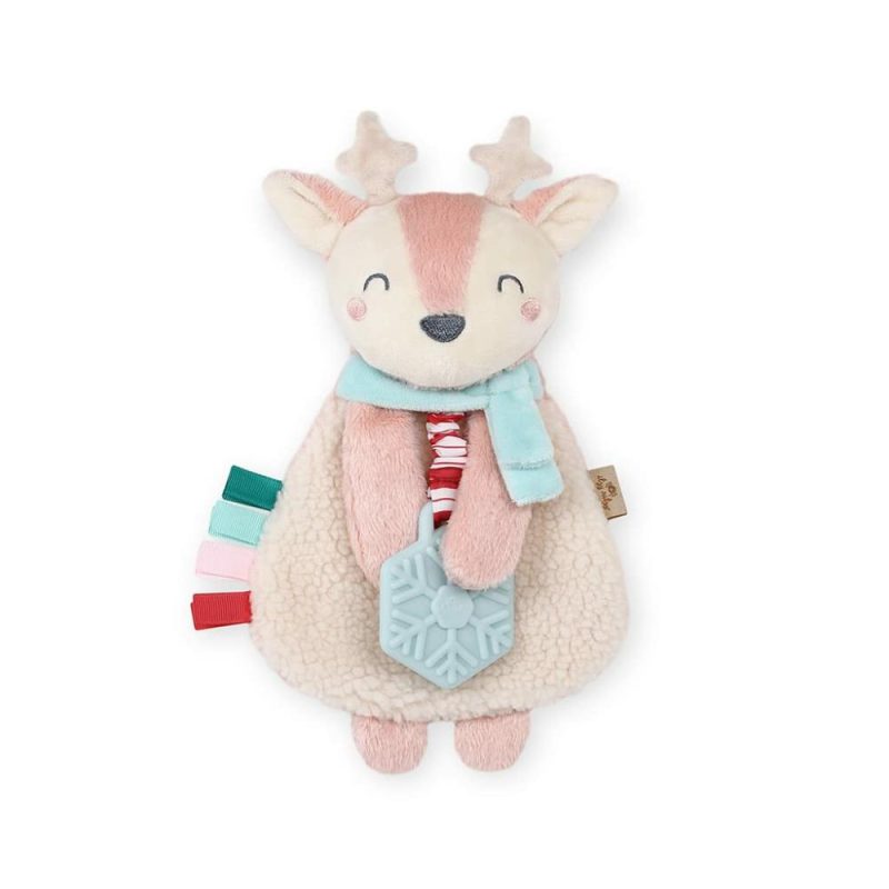 Dentifrici | – Itzy Lovey con dentiera, nastri texturizzati e braccia sospese; caratteristiche suono crinkle, tessuto Sherpa e peluche Minky; Holly l’Alce