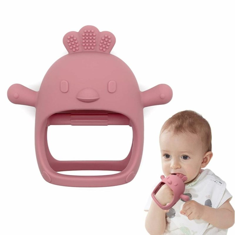 Dentifrici | Peluche a forma di uccello, dentiera per bambini, never drop hand wrist teether, giocattoli da mordere per bisogni di suzione, guantino in silicone di grado alimentare per alleviare il dolore da dentizione, facile da afferrare (rosa scuro)