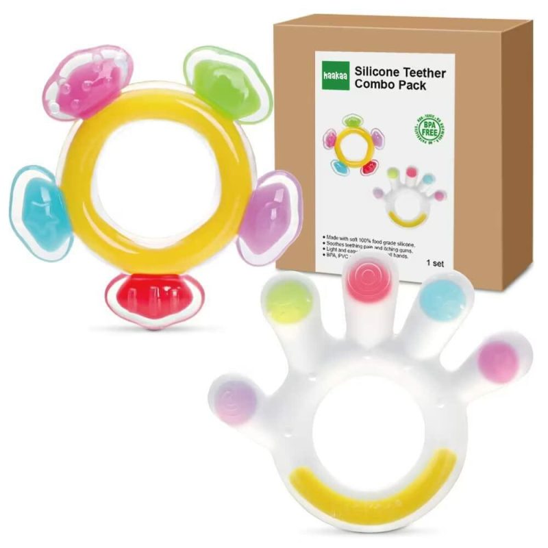 Dentifrici | Silicone Teether Combo – Gioco dentifricio per neonati – Dentiera fredda morbida – Lenisce il dolore e il prurito delle gengive – Dimensione ideale – Forma a mano e a ruota panoramica per neonati dai 3 mesi in su – Senza Bpa – 2 pz