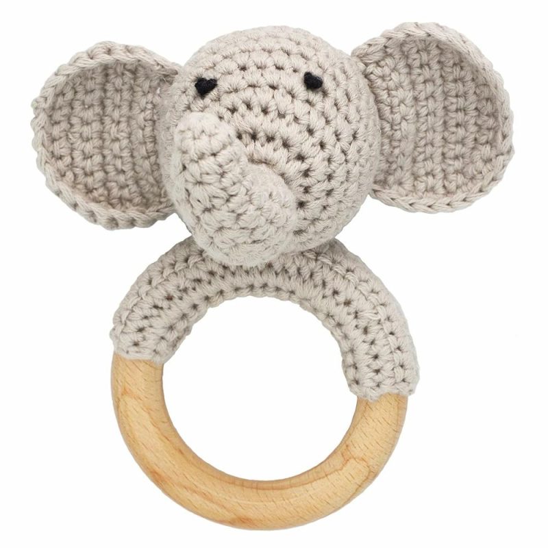 Dentifrici | Woodland Friends Bebé Sonajero Sacudidor Juguete con Anello de Mordida de Madera Elefante Gris