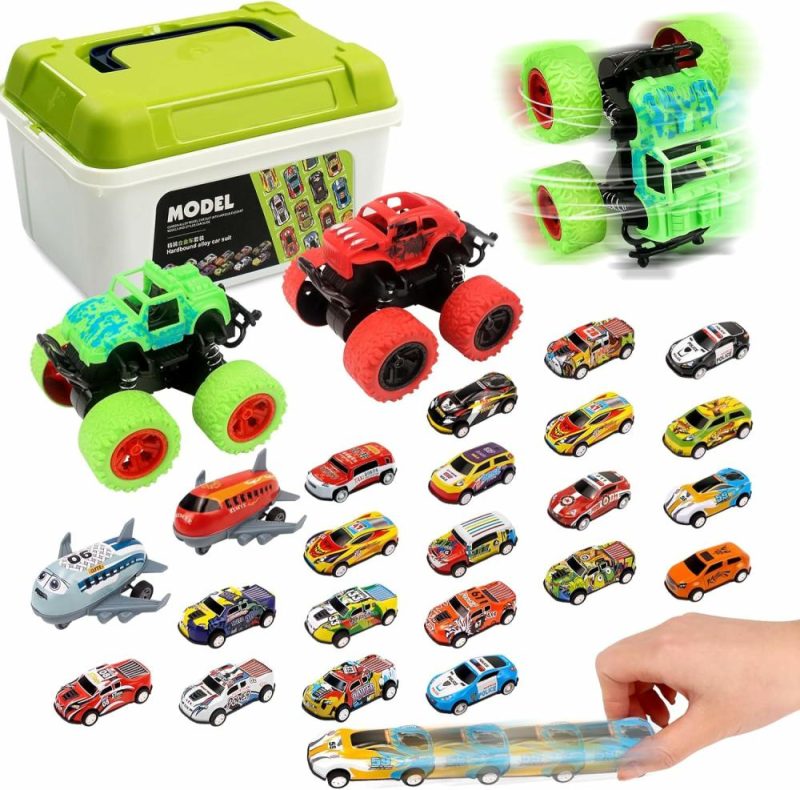 Giocattoli a spingere e trascinare | 24 Pack Pull Back Toy Cars & Monster Trucks With Storage Box, Auto da Gioco per Bambini, Auto da Corsa, Veicoli, Favori per Festa, Filler di Pinata, Filler di Calze, Regali di Compleanno per Bambini e Bambine, 3-5 Anni