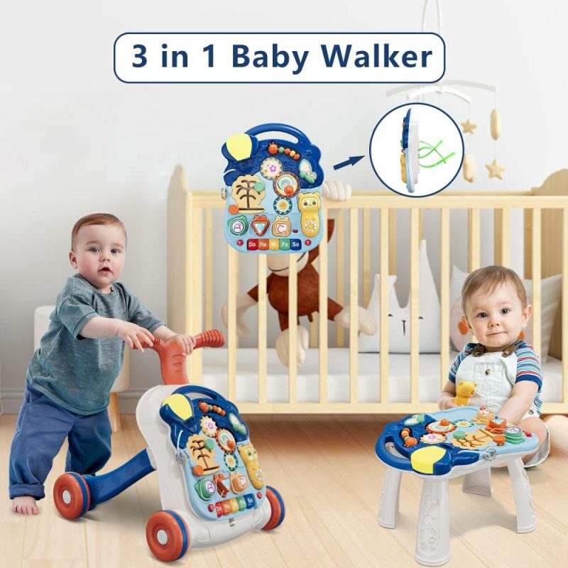 Giocattoli a spingere e trascinare | 3 In 1 passeggino per bambini maschi, passeggino per imparare a camminare, passeggino da sedersi a stare in piedi per il bambino maschio, giocattolo educativo per neonati 12-18 mesi, blu