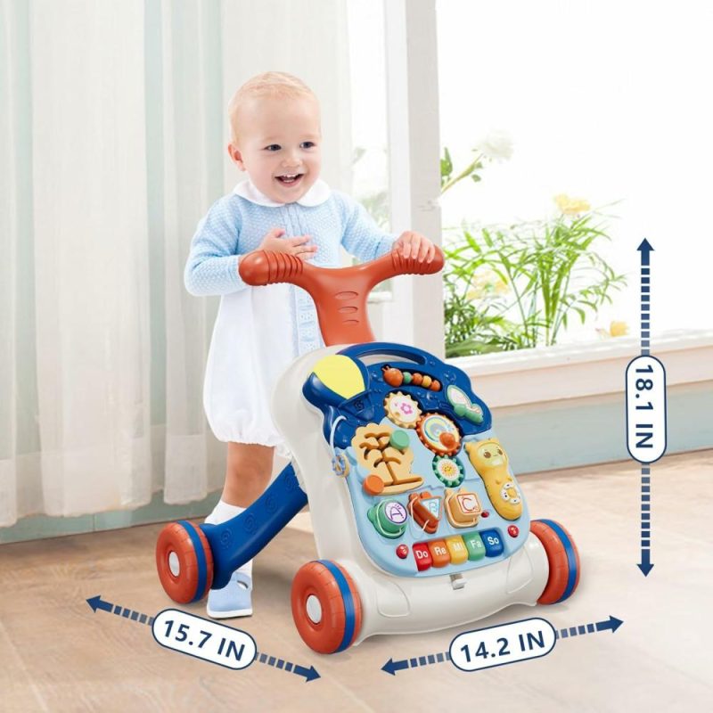 Giocattoli a spingere e trascinare | 3 In 1 passeggino per bambini maschi, passeggino per imparare a camminare, passeggino da sedersi a stare in piedi per il bambino maschio, giocattolo educativo per neonati 12-18 mesi, blu