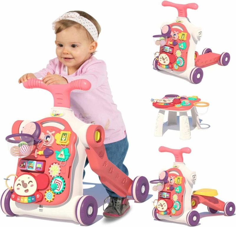 Giocattoli a spingere e trascinare | 5 In 1 passeggino per bambina, passeggino a spinta, montaggio come scooter/motocicletta/centro attività/pannello rimovibile, giocattoli da passeggino per neonati 6-12 mesi, rosso