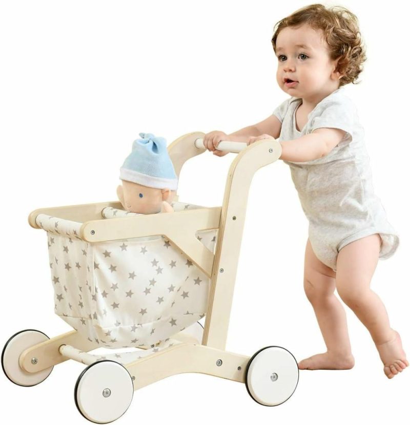 Giocattoli a spingere e trascinare | Baby Push Walker Doll Stroller, Push Toy For Toddler, Shopping Cart For Girls And Boys, 1 Years Old, Kids Stand Learning Walker, Wooden Play Wagon With Wheel, Larger Size 15.2 * 18.7 * 19.7