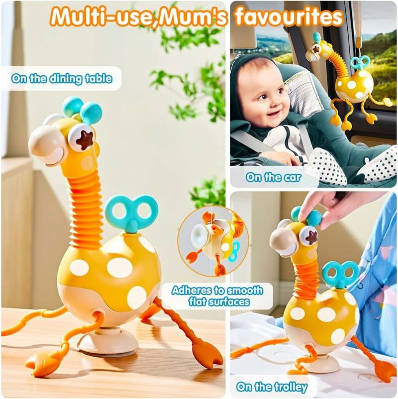 Giocattoli a spingere e trascinare | Baby Sensory Toys Montessori Alimentare Silicone Trascinamento Attività Gioco,Gioco di Giraffa con Orologio a Scoppio e Tubo a Pop per Sviluppo Motorio Fini,Gioco da Viaggio per Bambini,Infanti Bambini 18M+