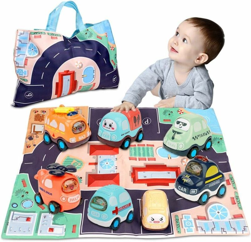 Giocattoli a spingere e trascinare | Gioco da tavolo per Bambino di 1 Anno | Set di 7 Auto a Push and Go con Tappetino Gioco/Valigetta di Archiviazione per Bambini | Giocattoli Educativi per Bambini e Regalo di Compleanno per Bambini di 1 2 3 Anni Maschi e Femmine