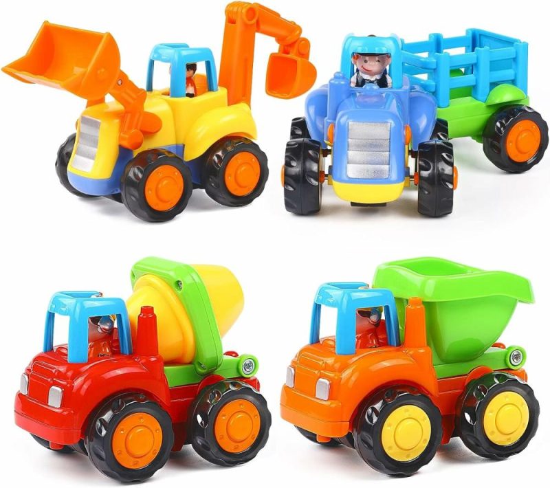 Giocattoli a spingere e trascinare | Inertia Toy Gioco Educativo Pre-scolare Bambino Gioco di Frizione Auto a Spinta e Andata Trattore Bulldozer Carrello Cemento Veicoli da Costruzione Giocattoli per Bambini Ragazzi Ragazze Regalo 4Pz