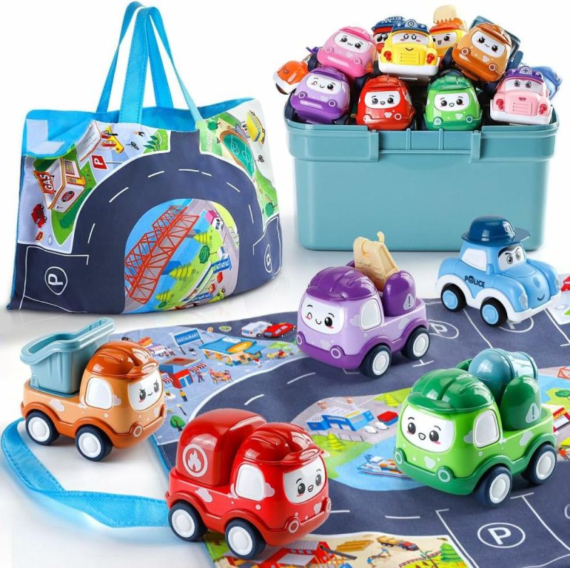 Giocattoli a spingere e trascinare | Mini Carriola Giochi Per Bambino di 1 Anno Regali 12 Set di Camioncini da Trazione con Tappetino/Scatola da Riposo per Bambini da 1 a 2 Anni  Giochi per Bambini 12-18 Mesi 1° Compleanno di Natale Regali per Bambini di 1 Anno