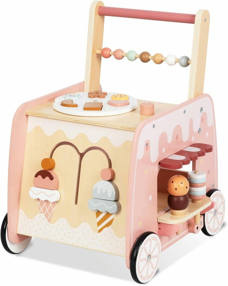 Giocattoli a spingere e trascinare | Passeggino in legno per bambini multifunzionale carrello gelato gioco educativo per imparare a camminare con le ruote, set di gioco da fantasia ideale per bambini da 1 a 3 anni maschi e femmine