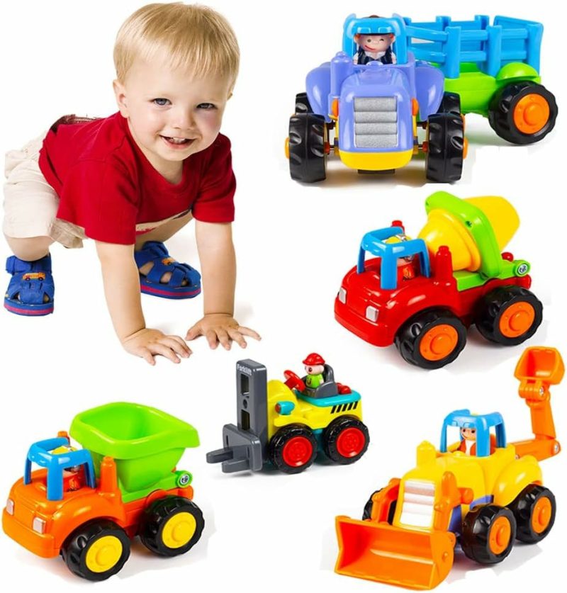 Giocattoli a spingere e trascinare | Set di giocattoli di auto a scatto con motore a frizione: trattore, bulldozer, camion cisterna e camion cippatore per bambini in età prescolare