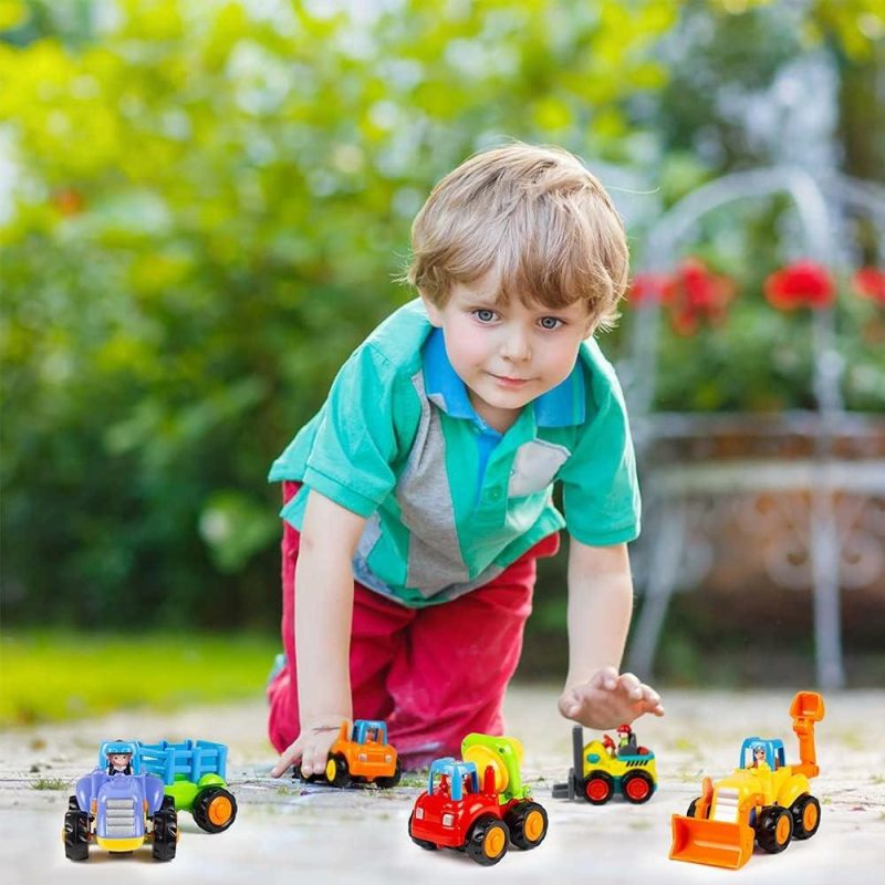 Giocattoli a spingere e trascinare | Set di giocattoli di auto a scatto con motore a frizione: trattore, bulldozer, camion cisterna e camion cippatore per bambini in età prescolare