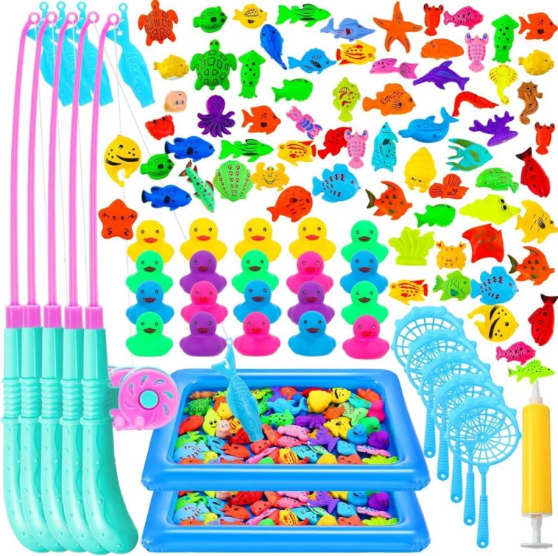 Giocattoli da bagno | 106 Pcs Set di Gioco di Pesca Magnetica per Bambini 3-6 Anni – Include bastoni da pesca, vaschette da pesca, reti da pesca, pompa gonfiabile, animali marini e anatre di gomma per 5 giocatori – Regali, Party Estivo in Piscina, Giocattoli da Bagno