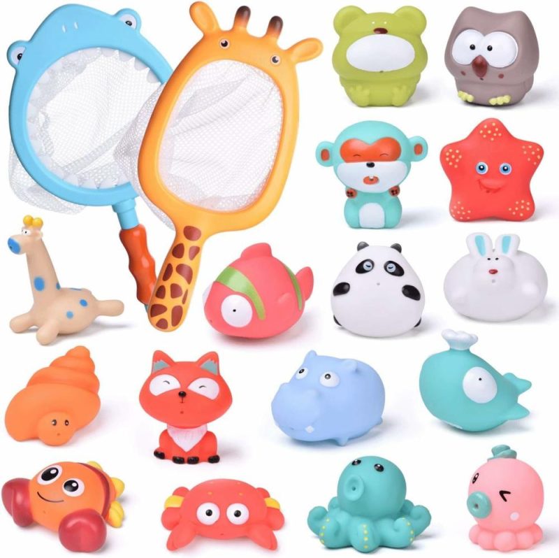 Giocattoli da bagno | 18Pcs Bagnetto Bambini con Animali Marini Morbidi e Culti, Spruzzini e Rete da Pesca, Giocattoli d’Acqua per Bambini