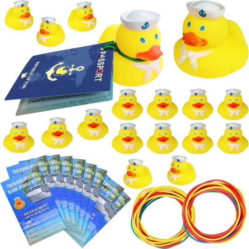 Giocattoli da bagno | 72 Pcs Cruise Ducks Tag Kits – Include 24 Gommoni d’Anatra per Navi da Crociera, 24 Carte Tag d’Anatra da Crociera e 24 Elastici per Nascondere il Gioco di Festa del Carnevale