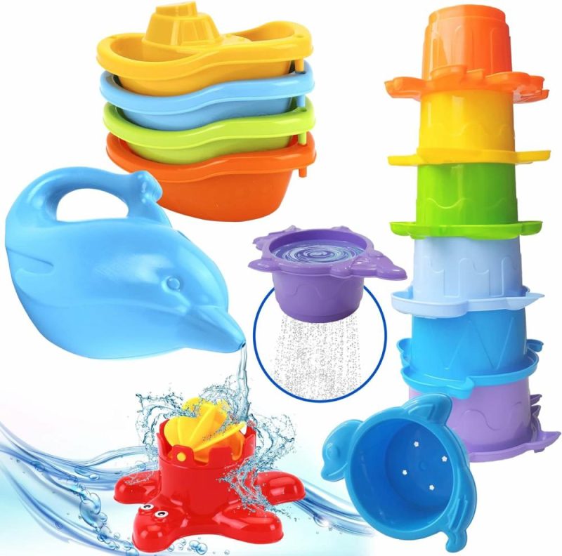 Giocattoli da bagno | Baby Bath Toys For Toddlers – 12 Pcs Arcobaleno Coppe da Stacking Baby Toy Con Barche da Bagno Treno E Annaffiatoio per Bambini – Giochi da Bagno Plastica Stackabile – Animali Marini a Forma di Bagno per Bambine e Bambini