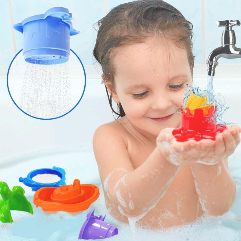 Giocattoli da bagno | Baby Bath Toys For Toddlers – 12 Pcs Arcobaleno Coppe da Stacking Baby Toy Con Barche da Bagno Treno E Annaffiatoio per Bambini – Giochi da Bagno Plastica Stackabile – Animali Marini a Forma di Bagno per Bambine e Bambini