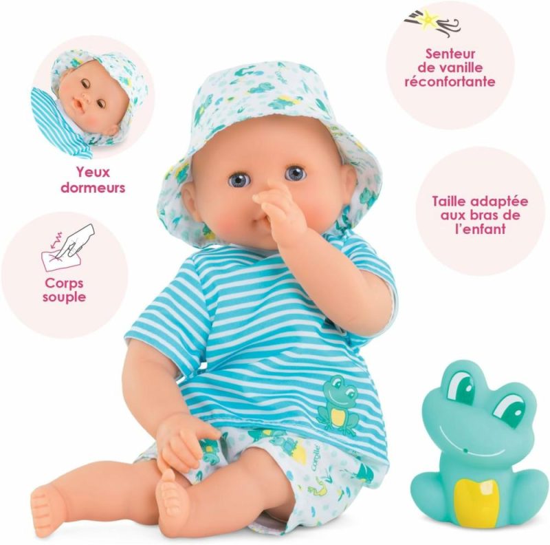 Giocattoli da bagno | Bebe Bagno Marin Bambola Bambina – 12″ Corpo Morbido Con Giocattolo Rana di Gomma – Sicura per il Gioco in Acqua in Vasca da Bagno o Piscina – Profumata a Vaniglia – Per Bambini da 18 Mesi in Su