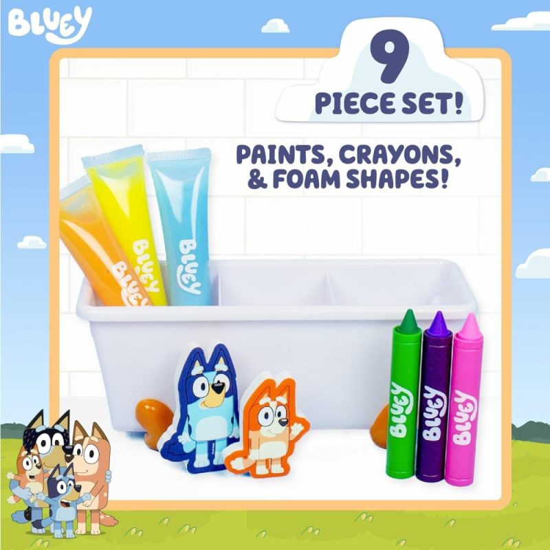 Giocattoli da bagno | Bluey Bath Creazioni 9-Pezzi Set Attività Bluey  Giocattoli Bluey per il Bagno  Include vernici per il bagno lavabili  Crayon per il bagno  Cassettiera per giocattoli per il bagno  Vernice per il bagno per Bambini 1-3  Regali divertenti Bluey  Forniture artistiche per bambini