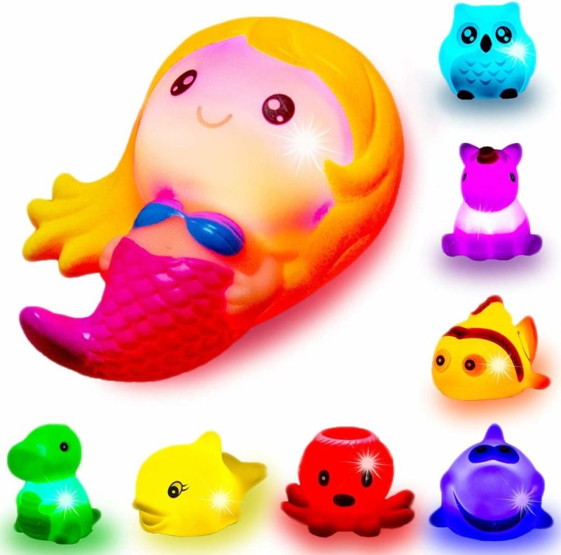 Giocattoli da bagno | Giocattoli da Bagno per Bambini – Set da 8 Pezzi con Luci – Giocattolo da Bagno a Led Colorato per Bagnetto, Gioco per Bambini e Neonati, Squalo, Pesciolino Pesci Clown, Gufo, Unicorno, Polipo, Delfino, Dinosaurio, Sirenetta