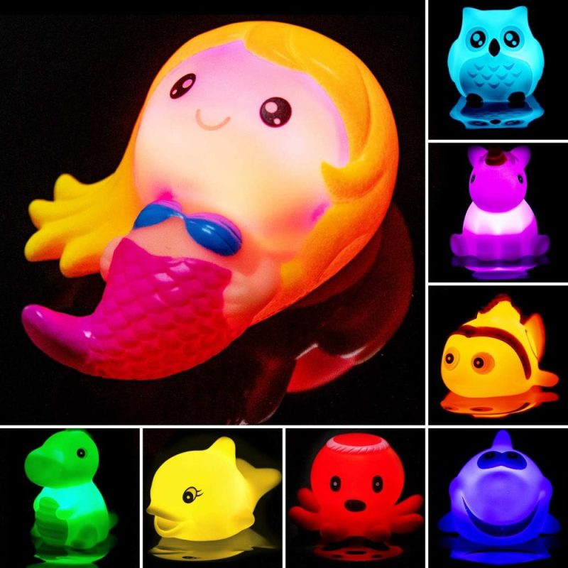 Giocattoli da bagno | Giocattoli da Bagno per Bambini – Set da 8 Pezzi con Luci – Giocattolo da Bagno a Led Colorato per Bagnetto, Gioco per Bambini e Neonati, Squalo, Pesciolino Pesci Clown, Gufo, Unicorno, Polipo, Delfino, Dinosaurio, Sirenetta