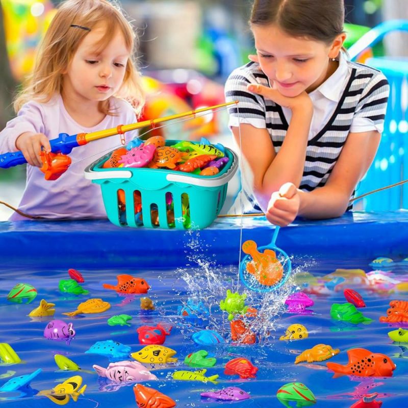 Giocattoli da bagno | Gioco di Pesca Magnetica per Bagni Piscina Attrezzi per Bambini 3-5, 48Pcs Gioco di Pesca con Attrezzi, Pesca Magnetica con Pesci Sospesi, Bastone di Pesca con Rete, Educazione e Insegnamento per Bambini 3-6 4-8