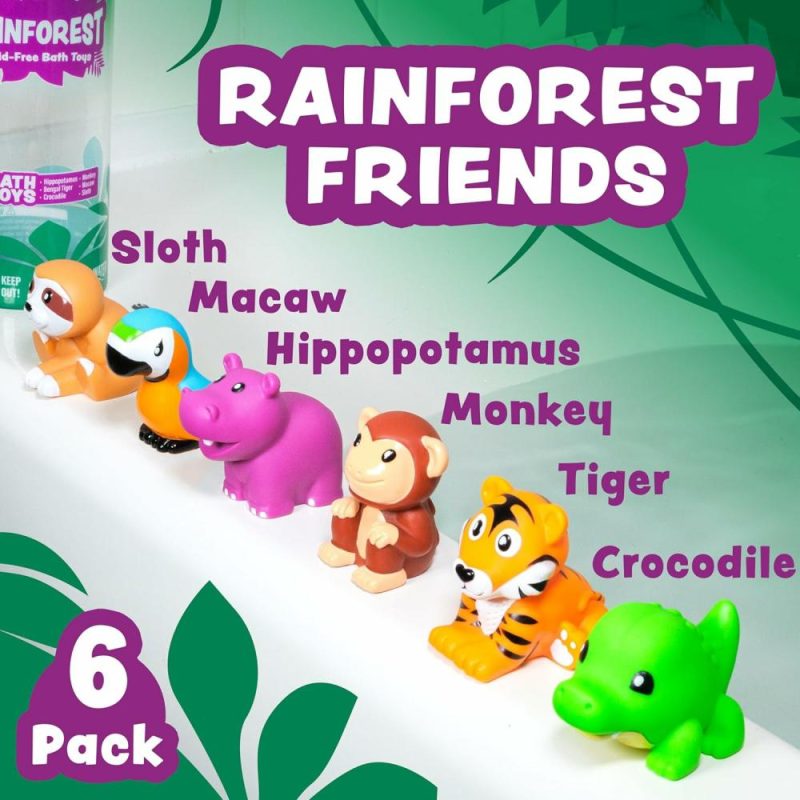 Giocattoli da bagno | Rainforest Mold Free Bath Toys 6 Pack | Design di giocattoli per il bagno sigillati senza buchi | Rimane asciutto | Morbidi, elastici e galleggianti | Facili da afferrare, ideali per neonati e bambini | Grandi giocattoli per la piscina per bambini