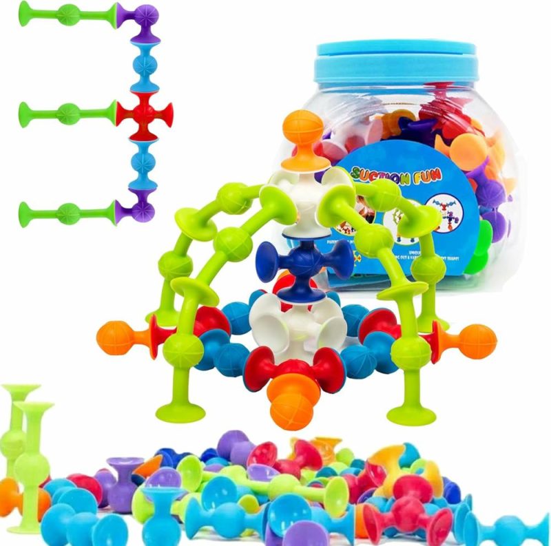 Giocattoli da bagno | Set da Costruzione di 48 Pezzi con Soffietti – Mattoncini in Silicone per Gioco di Costruzione Fai da Te – Attrezzi di Piacere per Bagno per Bambini di 1-3 Anni – Attrezzi di Viaggio per Bambini, Accessori Essenziali per il Viaggio in Auto con Bambini