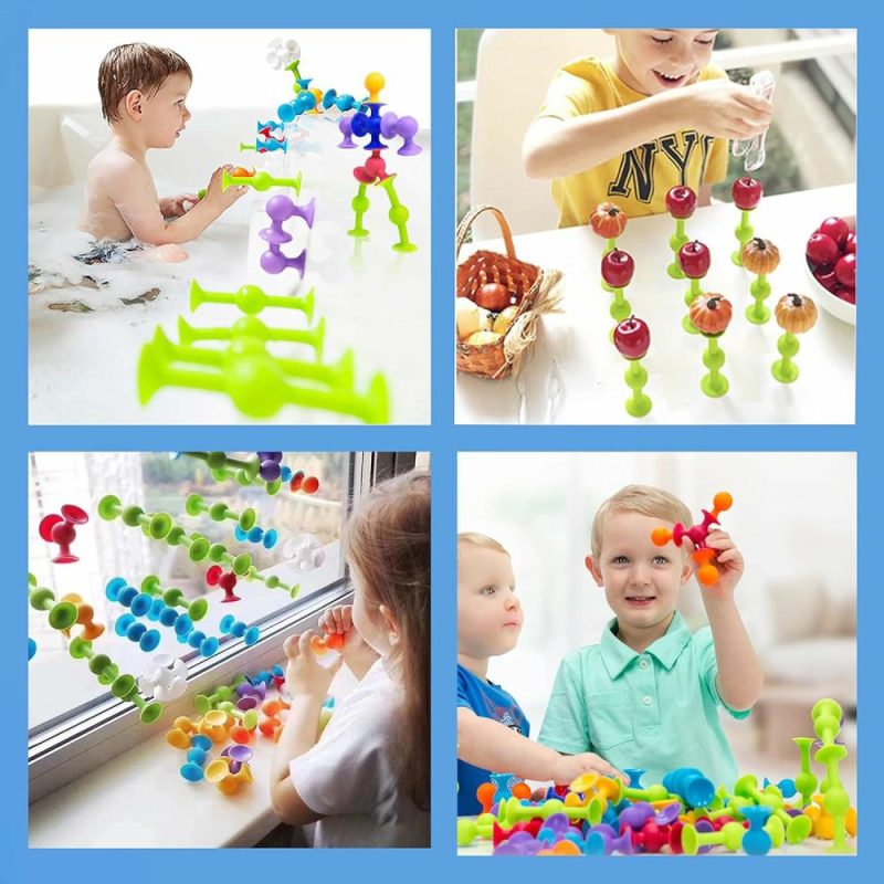 Giocattoli da bagno | Set da Costruzione di 48 Pezzi con Soffietti – Mattoncini in Silicone per Gioco di Costruzione Fai da Te – Attrezzi di Piacere per Bagno per Bambini di 1-3 Anni – Attrezzi di Viaggio per Bambini, Accessori Essenziali per il Viaggio in Auto con Bambini