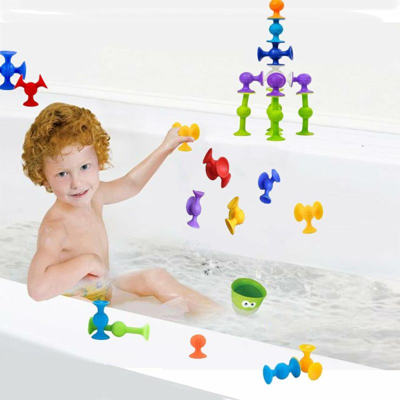 Giocattoli da bagno | Set da Costruzione di 48 Pezzi con Soffietti – Mattoncini in Silicone per Gioco di Costruzione Fai da Te – Attrezzi di Piacere per Bagno per Bambini di 1-3 Anni – Attrezzi di Viaggio per Bambini, Accessori Essenziali per il Viaggio in Auto con Bambini