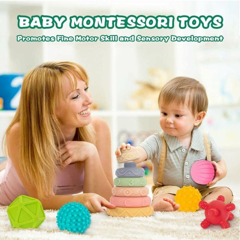 Giocattoli da ordinare e impilare | 3 in 1 Giocattoli Montessori per Bambini 0-3-6-12 Mesi, Giocattoli da Masticare Morbidi per Bambini, Blocchi da Costruire per Neonati, Giocattoli di Educazione Sensoriale e di Sviluppo per Bambino da 12 a 18 Mesi, 23 Pezzi