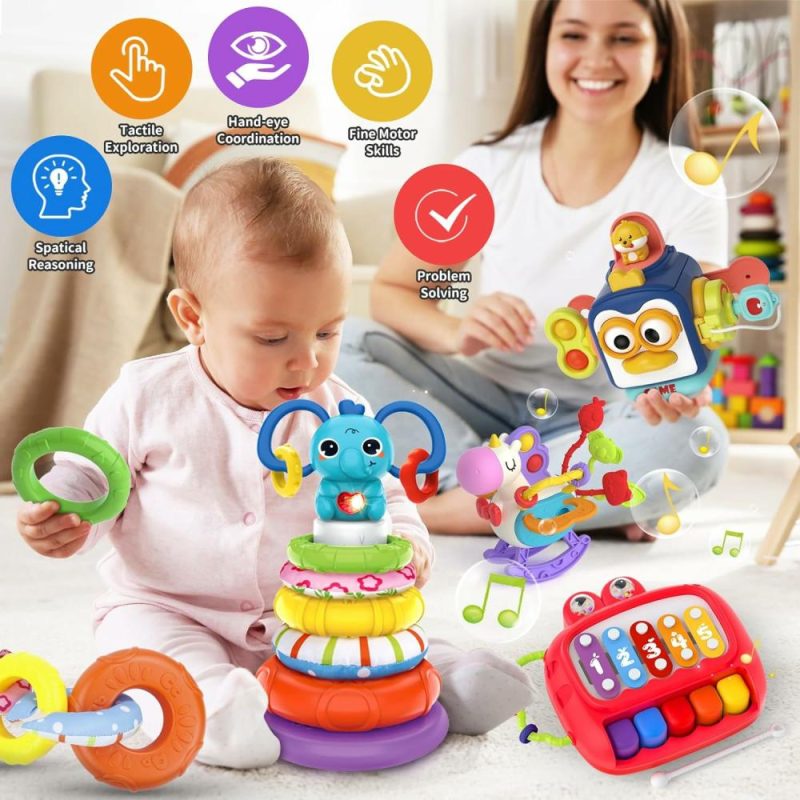 Giocattoli da ordinare e impilare | 4 in 1 Gioco per Bambino da 6 a 18 Mesi – Giocattoli Montessori per Bambini da 6 a 12 Mesi – Cubo Attivo per Bambini – Giocattoli da Stacking – Giocattolo da Trazione Unicorno per Viaggi – Xilofono per Bambini – Regalo di Compleanno per Bambino da 5 a 9 Mesi