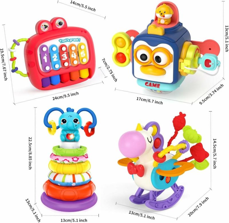 Giocattoli da ordinare e impilare | 4 in 1 Gioco per Bambino da 6 a 18 Mesi – Giocattoli Montessori per Bambini da 6 a 12 Mesi – Cubo Attivo per Bambini – Giocattoli da Stacking – Giocattolo da Trazione Unicorno per Viaggi – Xilofono per Bambini – Regalo di Compleanno per Bambino da 5 a 9 Mesi