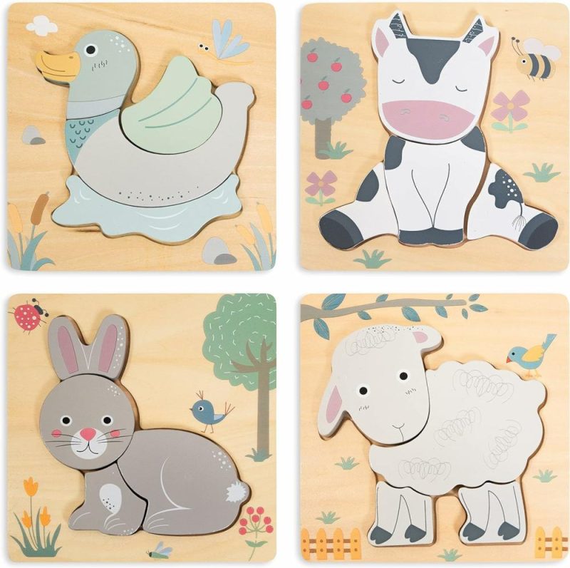 Giocattoli da ordinare e impilare | 4 Pk Animal Shape Wooden Puzzles Set For Toddlers Early Brain Development Learning – Bambino 1 2 3 4 Anni – Regalo Educativo Montessori STEM Giorno del Compleanno Gioco