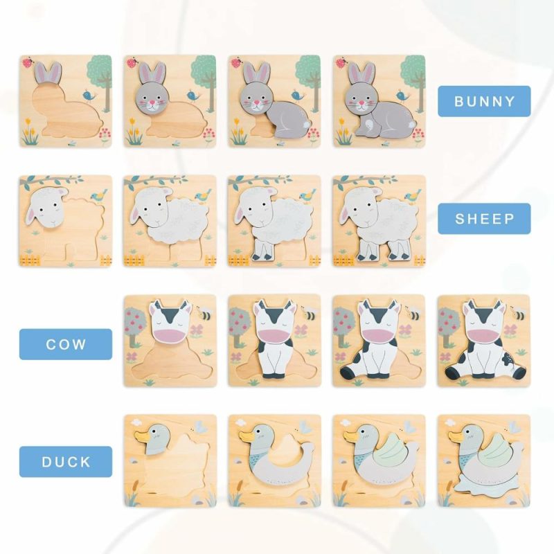 Giocattoli da ordinare e impilare | 4 Pk Animal Shape Wooden Puzzles Set For Toddlers Early Brain Development Learning – Bambino 1 2 3 4 Anni – Regalo Educativo Montessori STEM Giorno del Compleanno Gioco