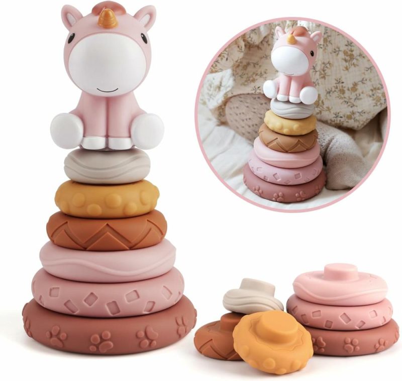 Giocattoli da ordinare e impilare | 7 Pcs Stacking & Nesting Baby Toys, Squeeze Teething Baby Toys e Costruzione del Cerchio con Figura di Cavallo Rosa, Accessori Essenziali per Neonati e Bambini da 6 a 12 a 18 Mesi, Bambine e Bambini Piccoli