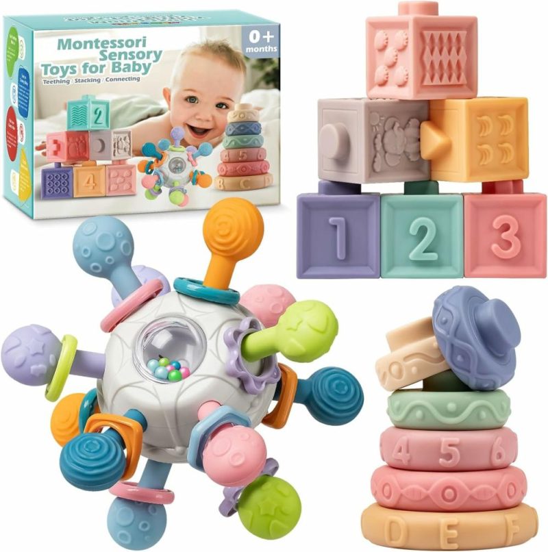 Giocattoli da ordinare e impilare | Baby Sensory Teething Toys Set – Giocattoli Montessori per Bambini 6-12 Mesi – Incluso Succhietto Sonoro e Distanziatore e Blocchi per Bambini e Anelli da Stacking Morbidi – Regali Ideali per Bambino e Bambina – Giocattoli per Neonati 0-3-6-9-12-18 Mesi