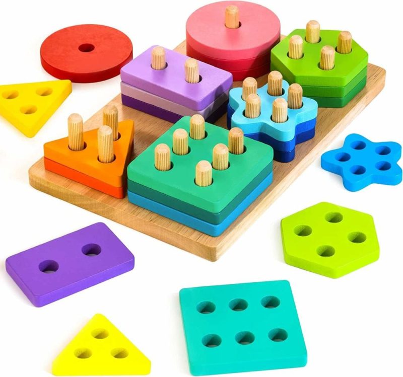 Giocattoli da ordinare e impilare | Giocattoli da Classificare e Stivare in Legno, Giocattoli Montessori per Bambini di 1 2 3 Anni, Set di Puzzle a Forma con 24 Pezzi di Blocchi Geometrici Grandi e 12 Carte con Parole, Regalo per Bambini di 12+ Mesi Maschi e Femmine