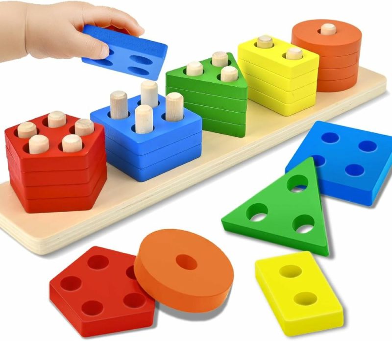 Giocattoli da ordinare e impilare | Montessori Giocattoli per Bambini da 1 a 3 Anni in Legno, Giocattoli di Forme da Staccare e Ordinare, Attività di Apprendimento in Blocchi Didattici, Regalo per Bambino di 12+ Mesi (Arcobaleno)